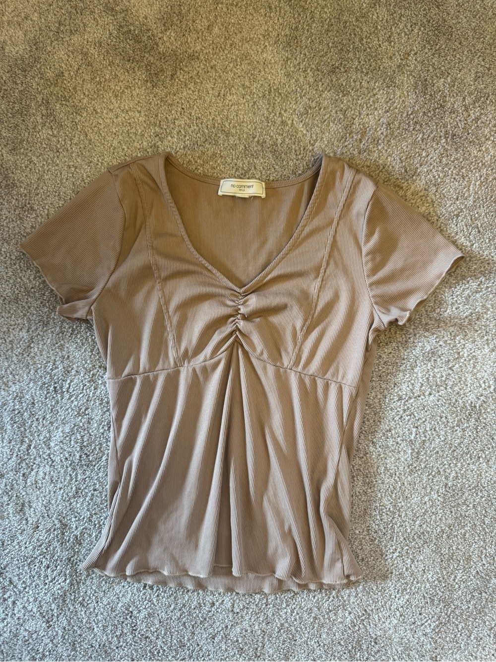 No Comment Taupe Ruched V-Neck Short Sleeve Top
